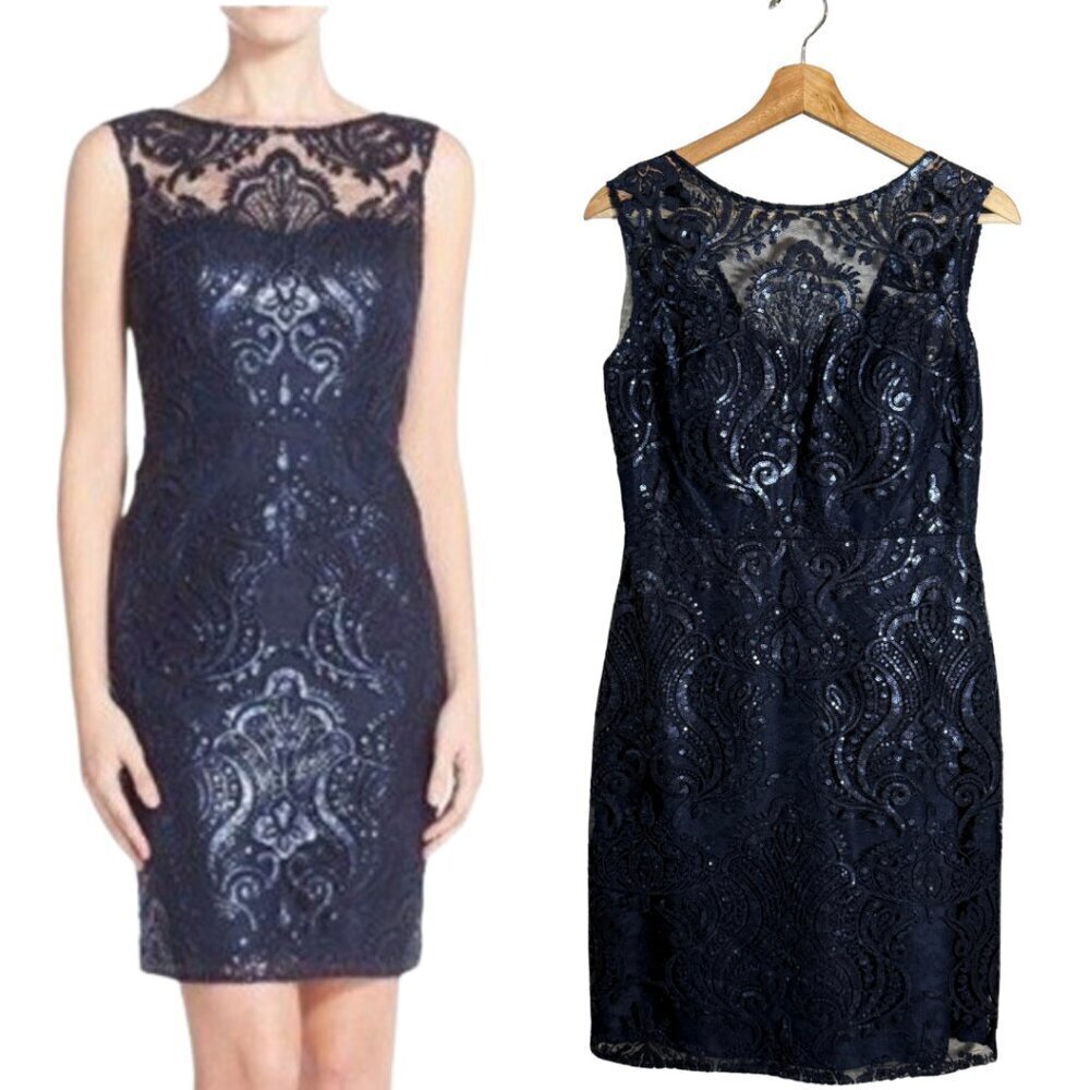 Jenny Yoo Sequin Lace Corset Sheath Mini Dress Womens 8 Navy Formal Wedding Chic
